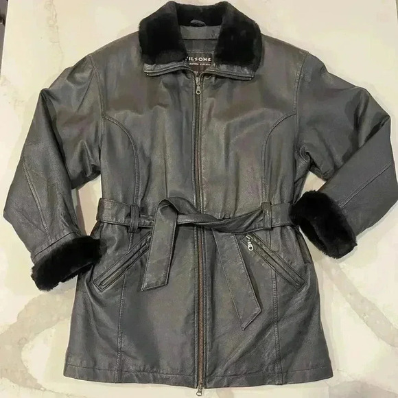 Vintage Wilsons y2k Black Leather Faux Fur Trim Belted Jacket Womens Size Small - Picture 1 of 8